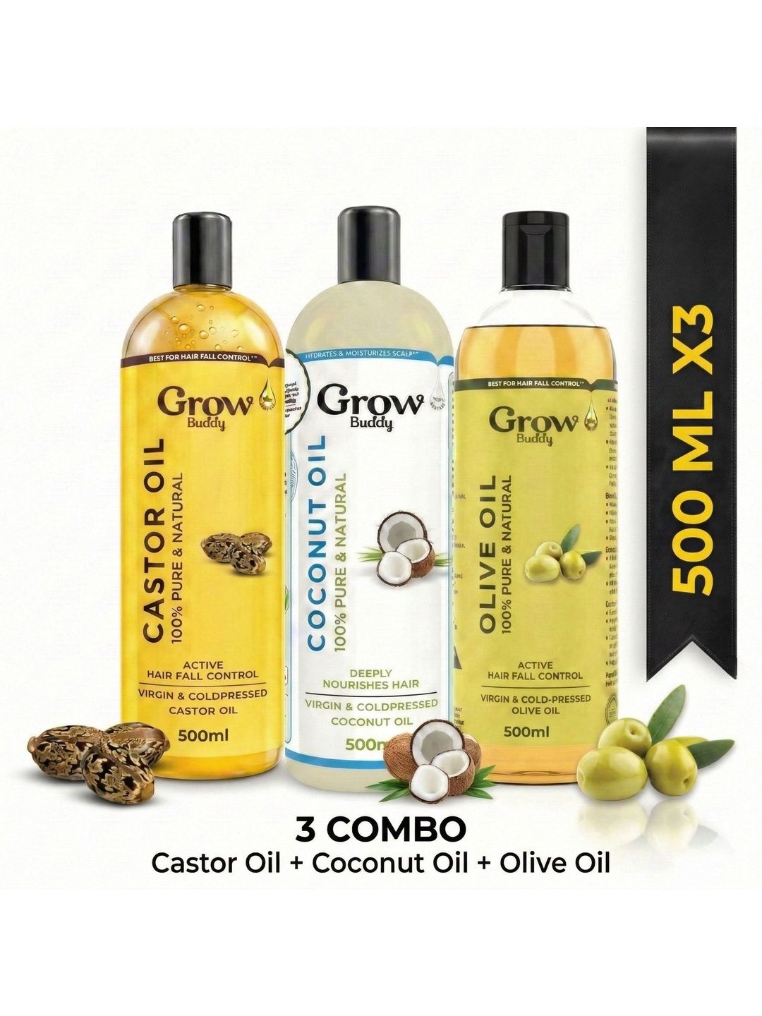 Growbuddy Set Of 3 Virgin & Cold Pressed Castor, Coconut & Olive Oil - 500 ml Each-image-27