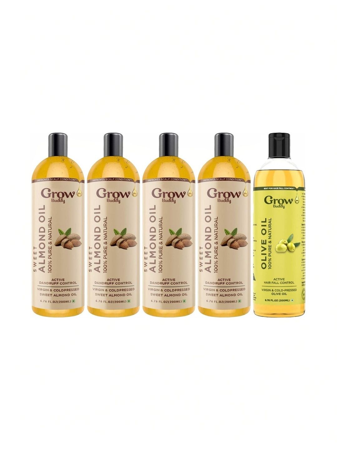 Growbuddy Set Of 5 Pure & Natural Almond & Olive Hair Oil - 200 ml Each-image-48