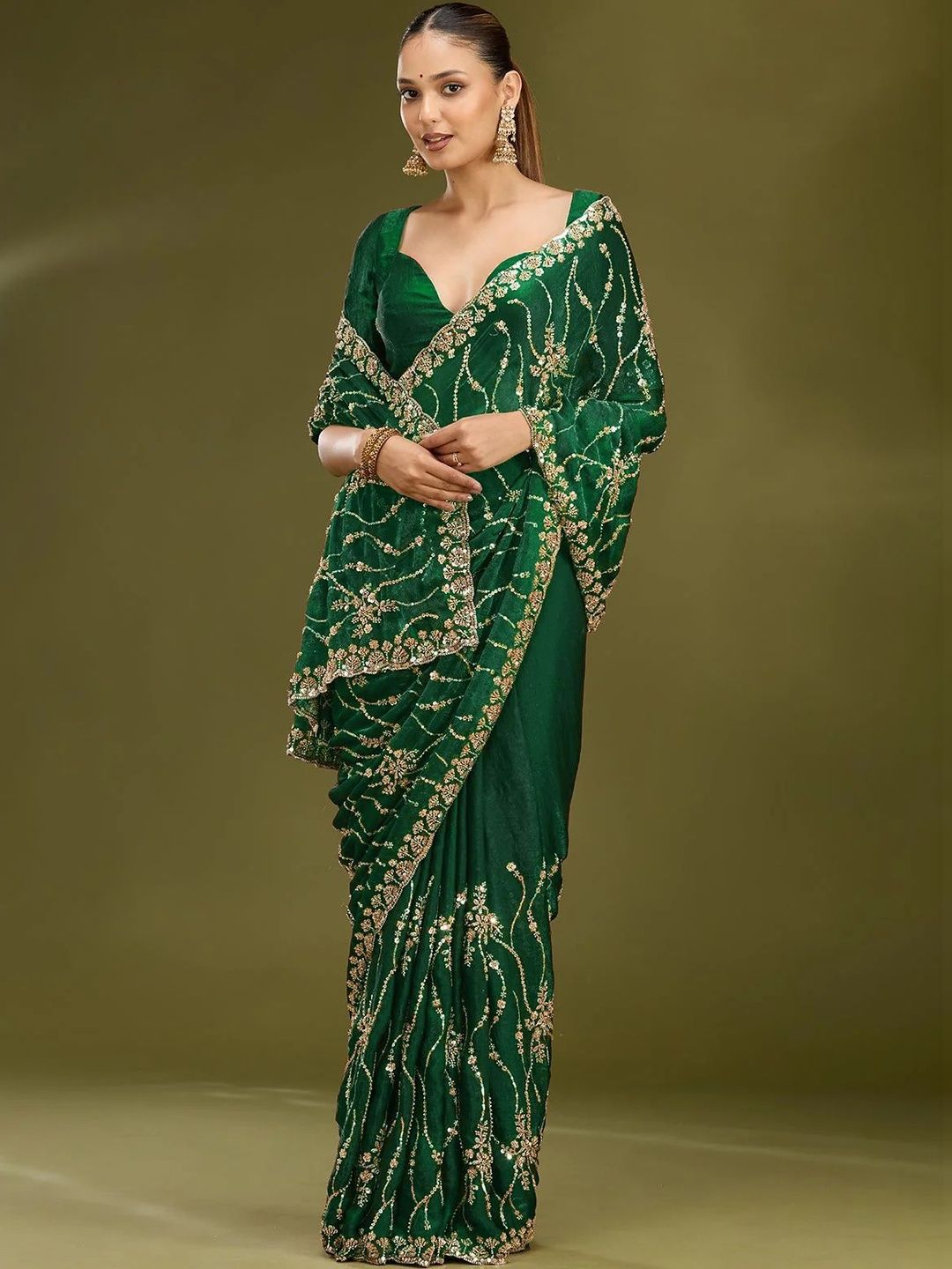 Riddhi Textile Hub Embellished Sequinned Satin Heavy Work Leheriya Saree-picture-38