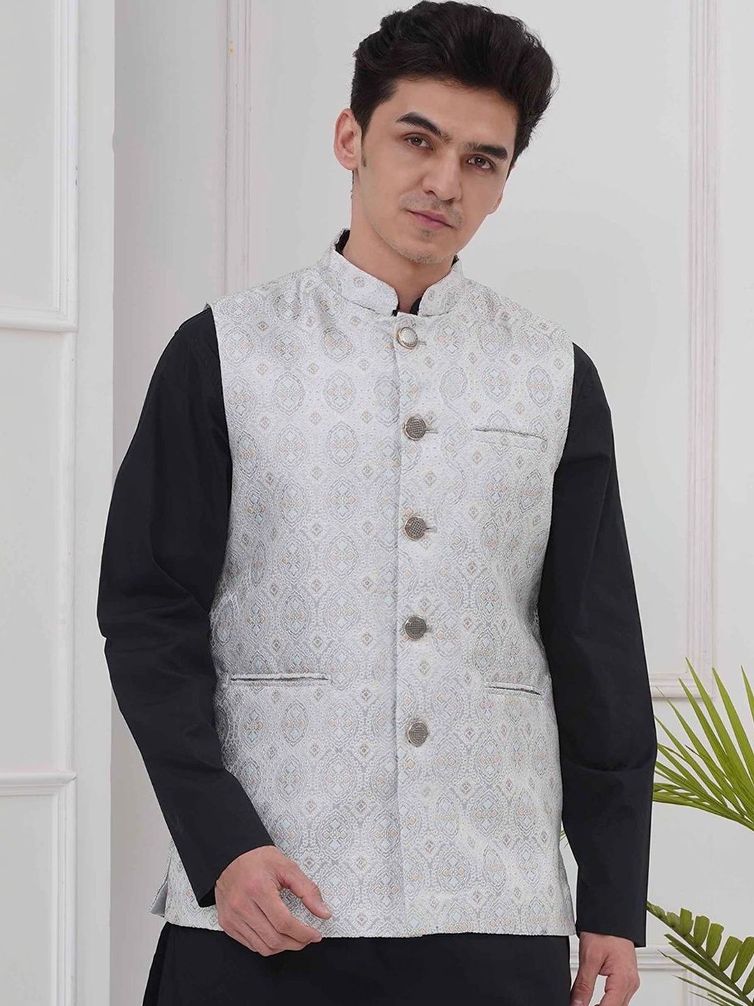 Moda Rapido Mandarin Collar Sleeveless Woven Design Nehru Jackets-picture-24