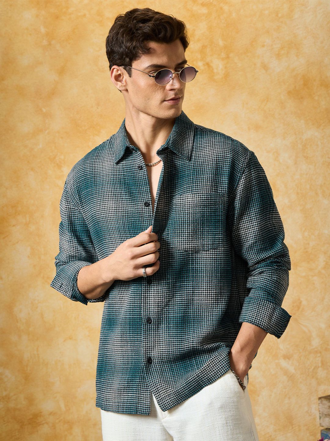 The Souled Store Men Relaxed Fit Checked Teal Overshirts-picture-11