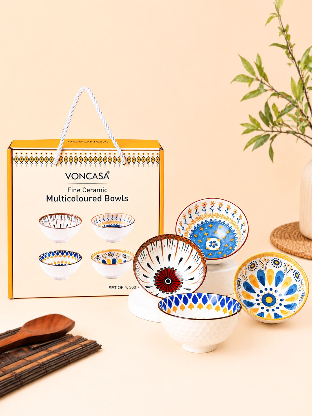 MARKET99 Multicoloured 4 Piece Geometric Mandala Ceramic Bowl Set 300 ml Each-image-20