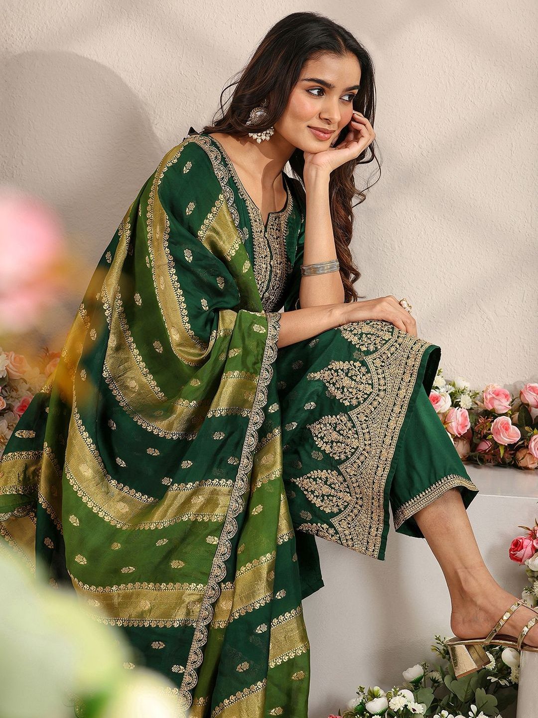 Libas Green Woven Design Straight Suit Set with Dupatta-picture-11