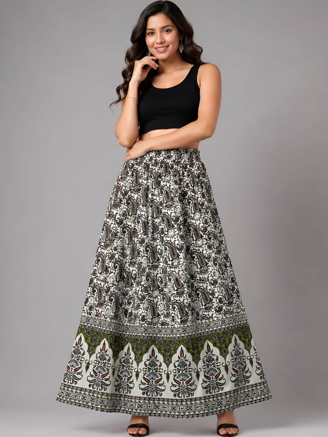 HARAYE Women Pure Cotton Cotton Cambric Paisley Maxi Flared Skirt-picture-34