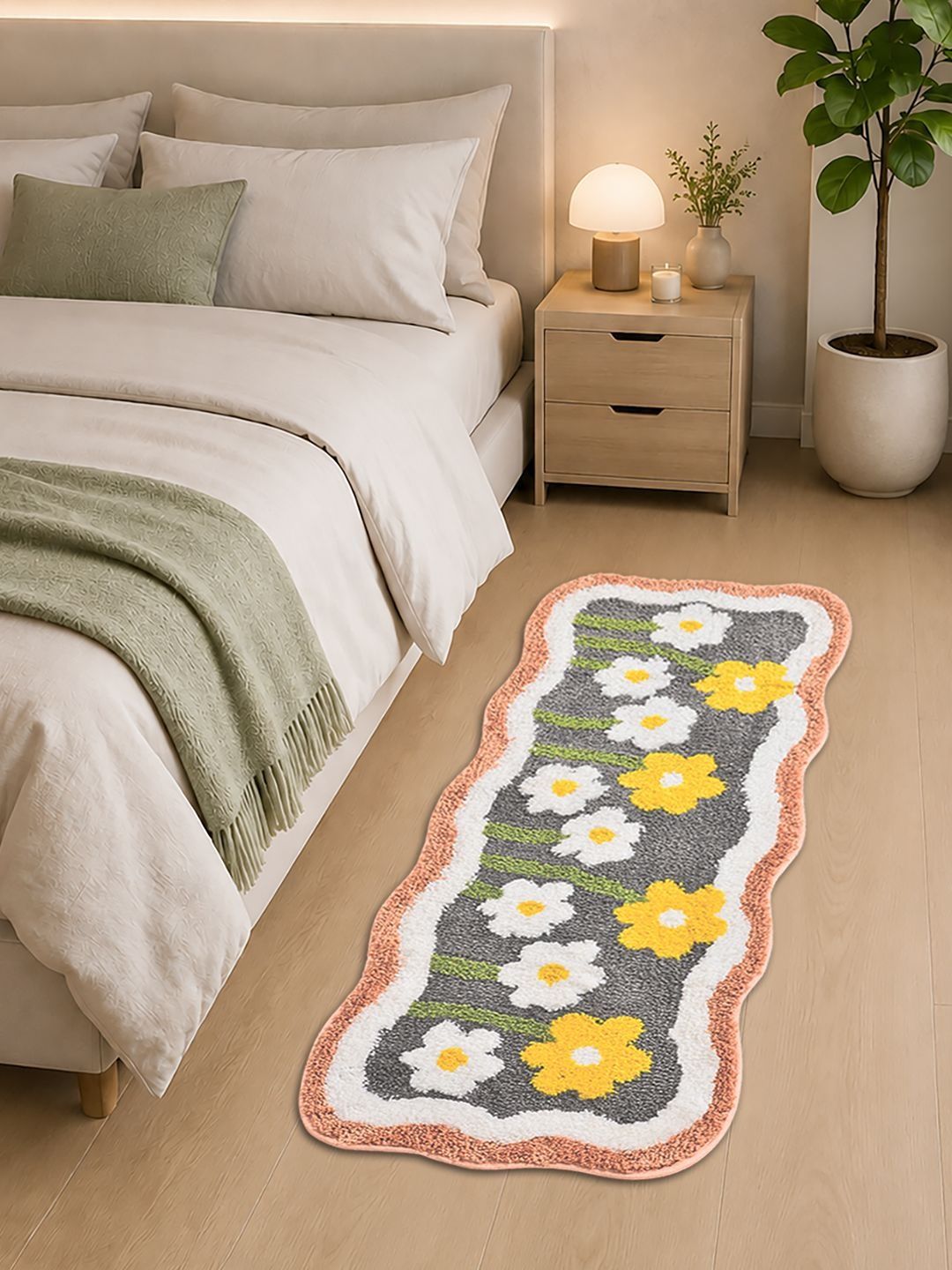 FABINALIV White & Green Floral Large Bedside Runner-picture-27