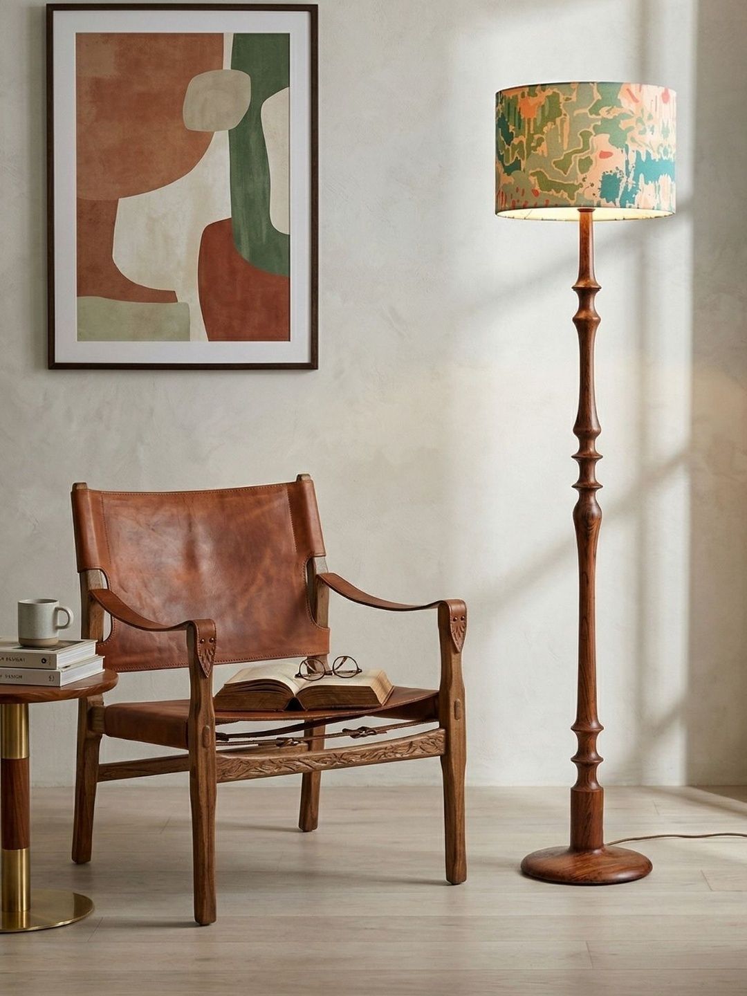 FREEDOM TREE Brown & Green Printed Wooden Cylinder Floor Lamps-picture-54