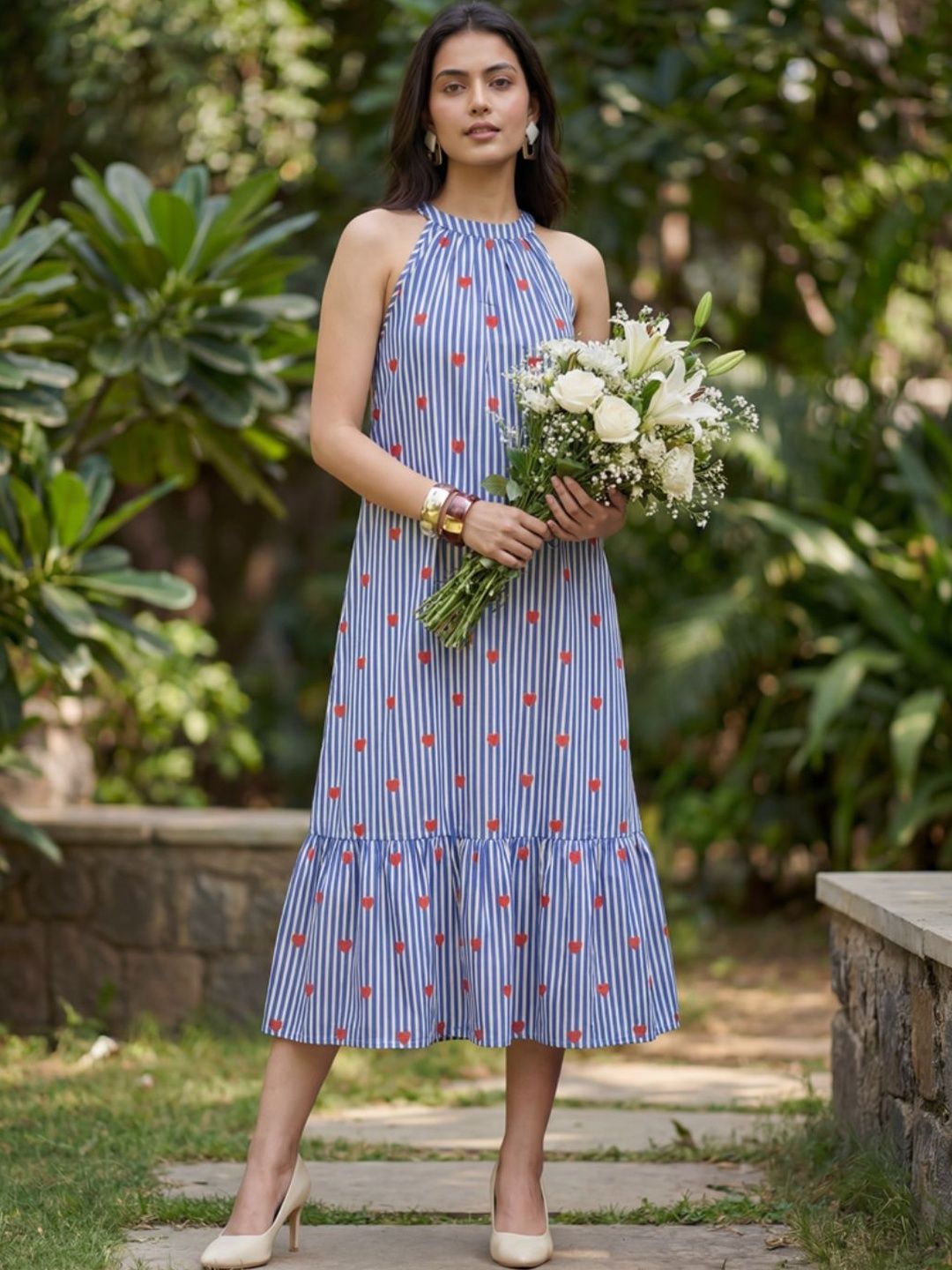 Bannos Swagger Print Halter Neck Ruffled A-Line Midi Dress-picture-14