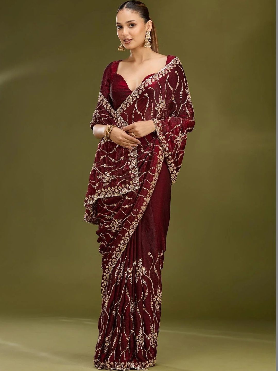 Riddhi Textile Hub Embellished Sequinned Satin Heavy Work Leheriya Saree-picture-36