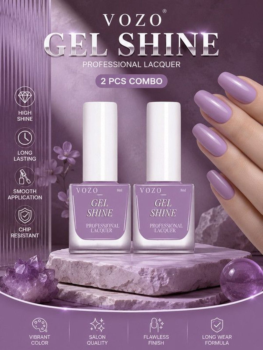 VOZO Set Of 2 Long Lasting Gel Shine Nail Lacquer - 8 ml Each - Mauve Purple 18-picture-10