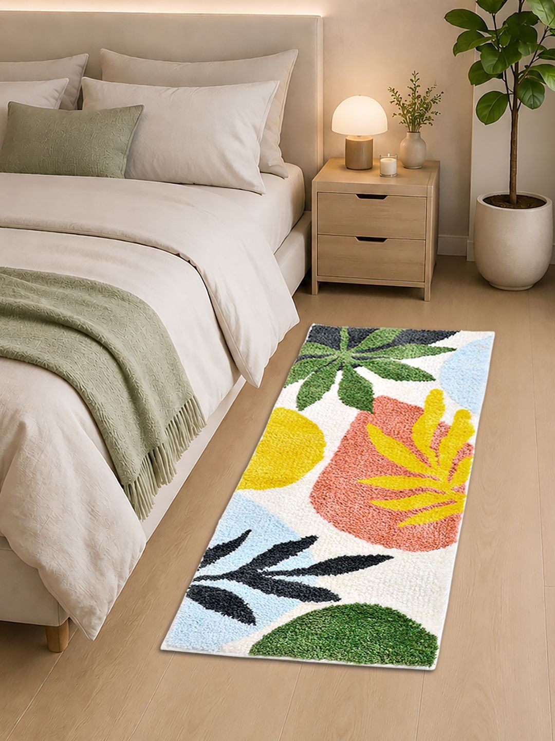 FABINALIV White & Green Floral Large Bedside Runner-image-28