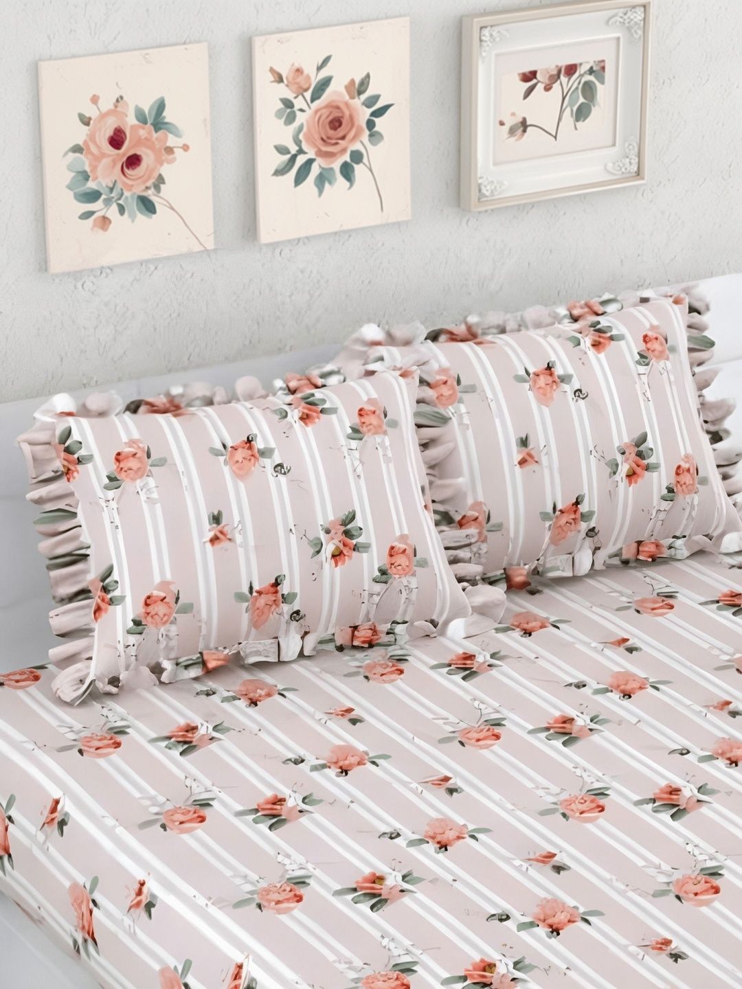 Aura Pink Floral 300 TC King Bedsheet with 2 Pillow Covers-picture-32