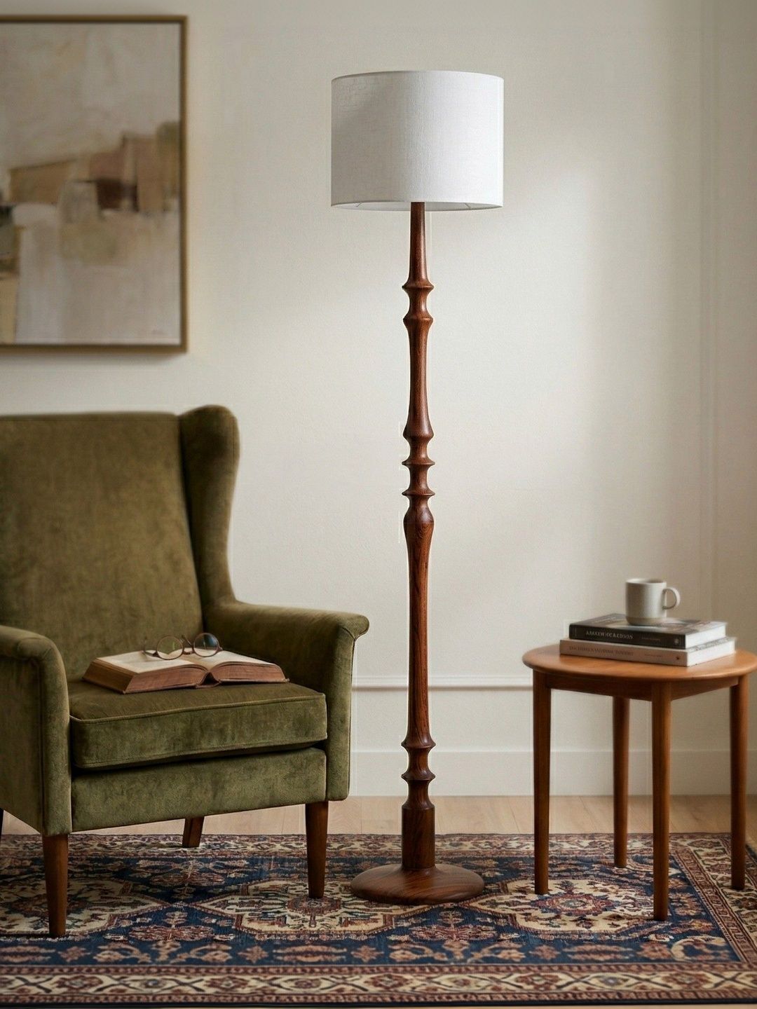 FREEDOM TREE Wooden Teak Floor Lamp with Loose Weave Texture Off White Shade-image-38