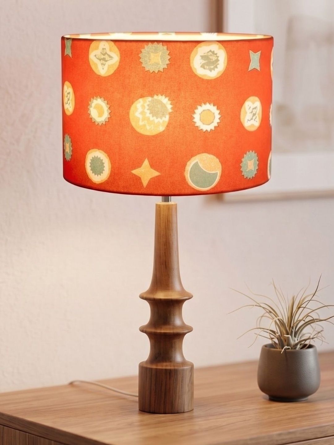 FREEDOM TREE Turned Wood Table Lamp with Printed Orange Medium Drum Shade-picture-12