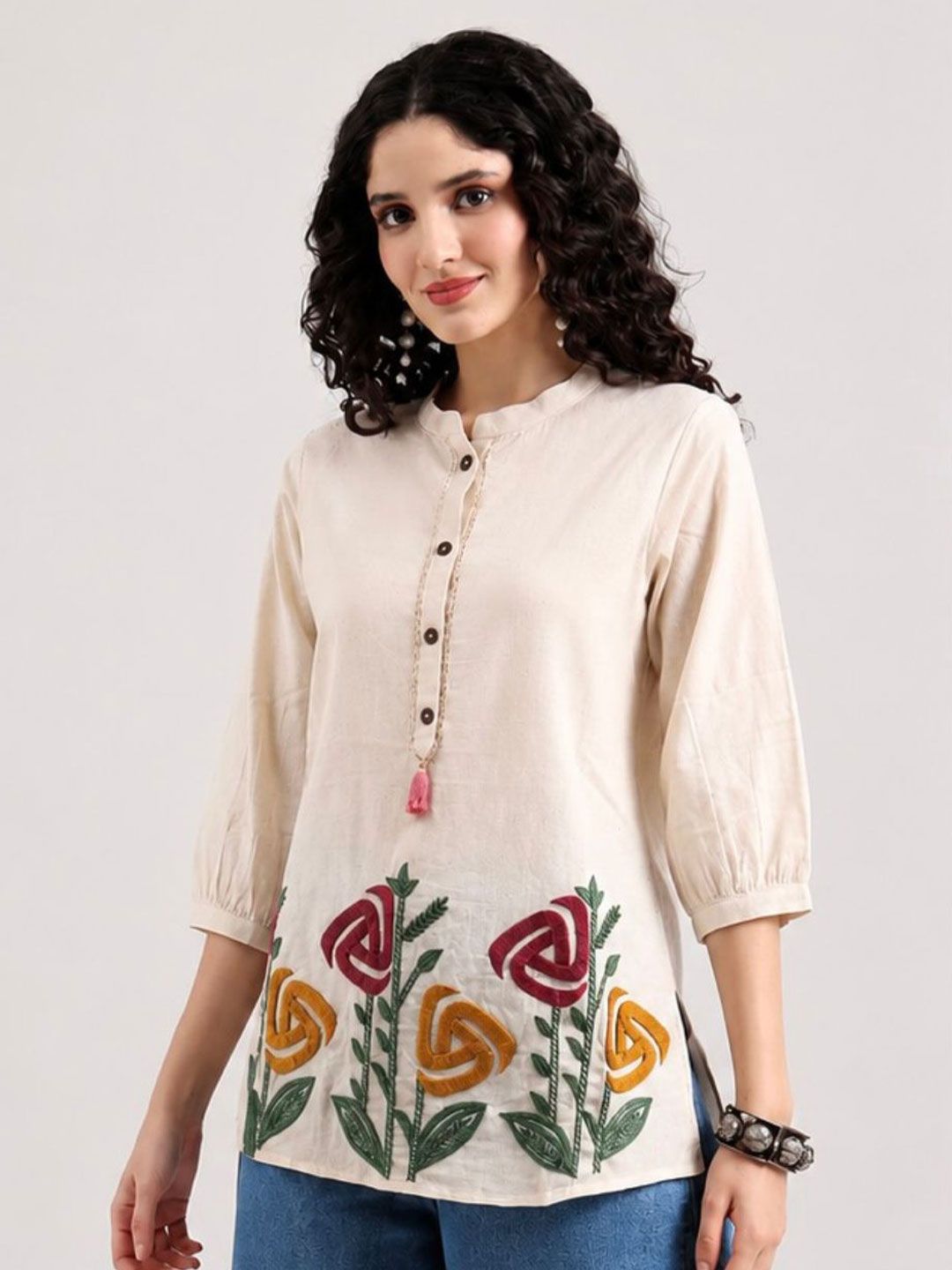 ARAVALII Floral Embroidered Mandarin Collar Cotton Top-picture-51