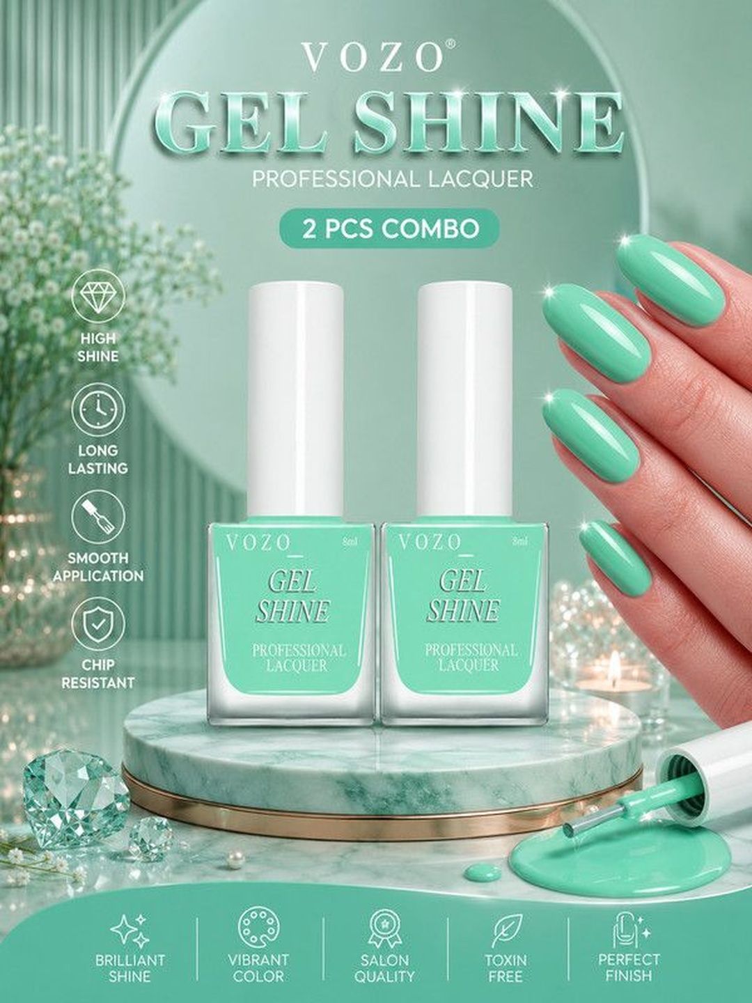 VOZO Set Of 2 Long Lasting Gel Shine Nail Lacquer - 8 ml Each - Soft Cyan 08-picture-22