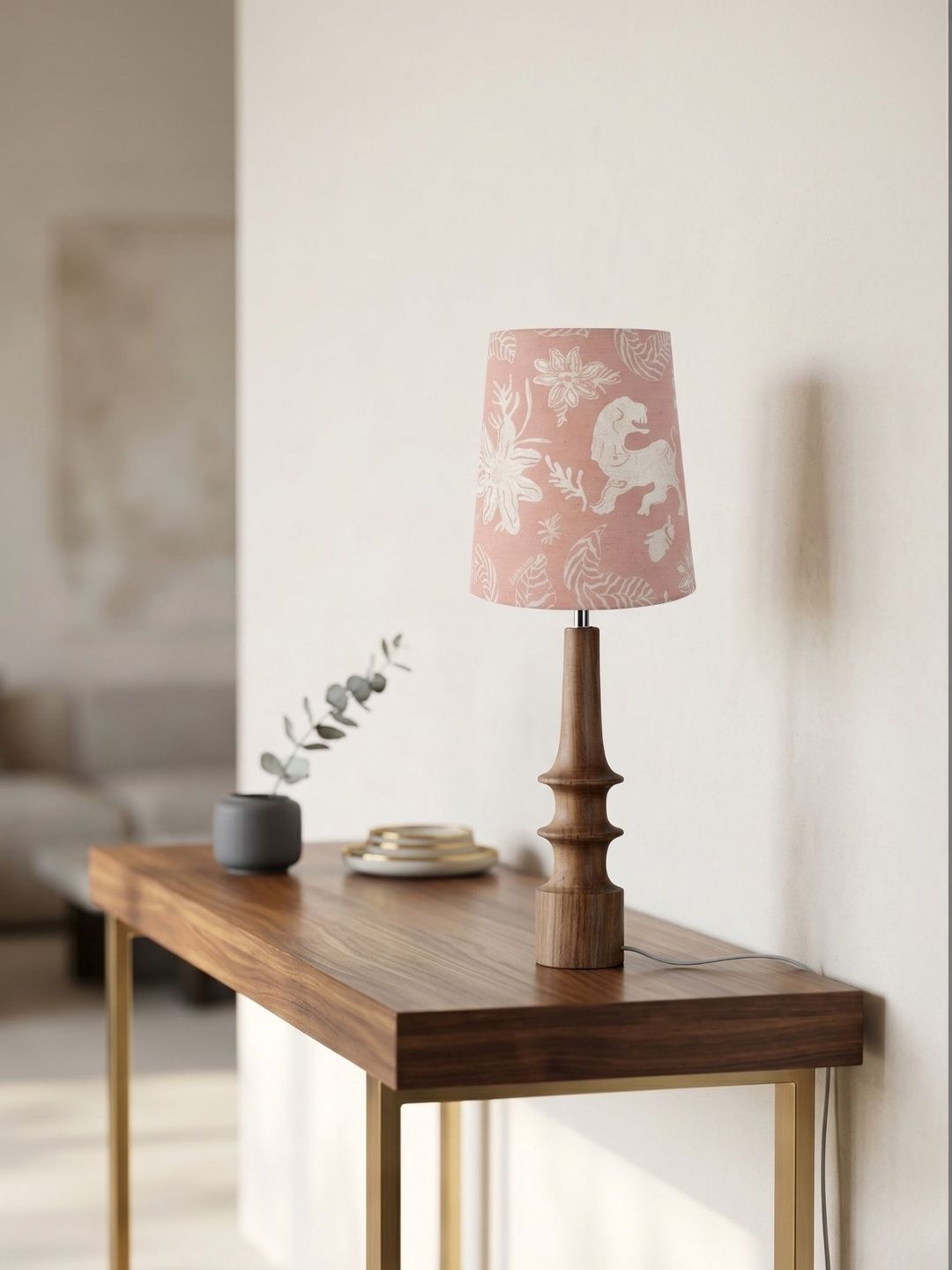 FREEDOM TREE Turned Wood Table Lamp with Printed Peach Small Taper Shade-image-16