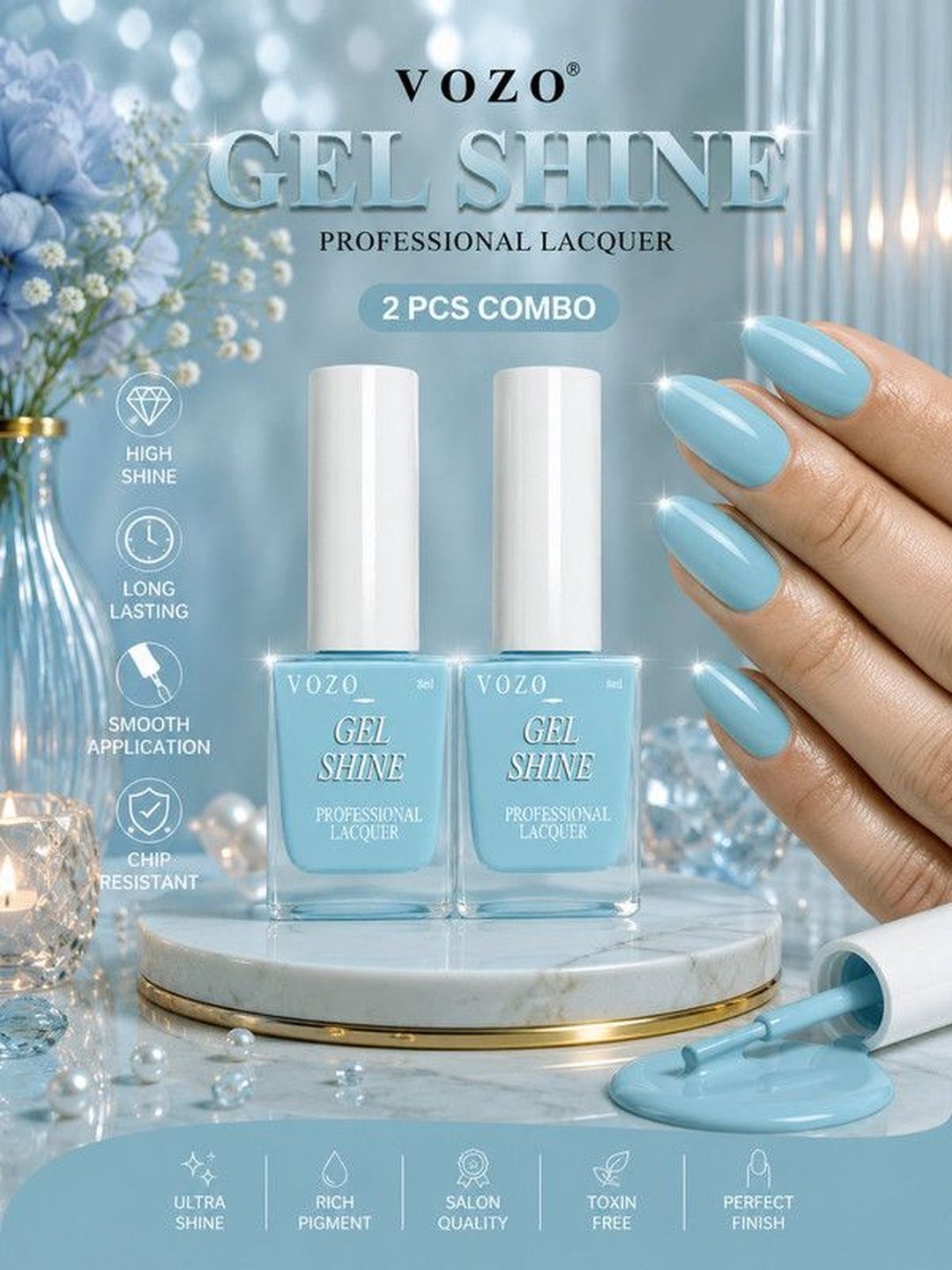 VOZO Set Of 2 Long Lasting Gel Shine Nail Lacquer - 8 ml Each -Sky Blue 58-picture-36