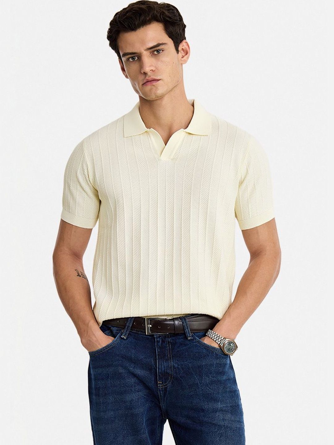 Snitch Men Striped Polo Collar Pure Cotton Blend Pockets T-shirt