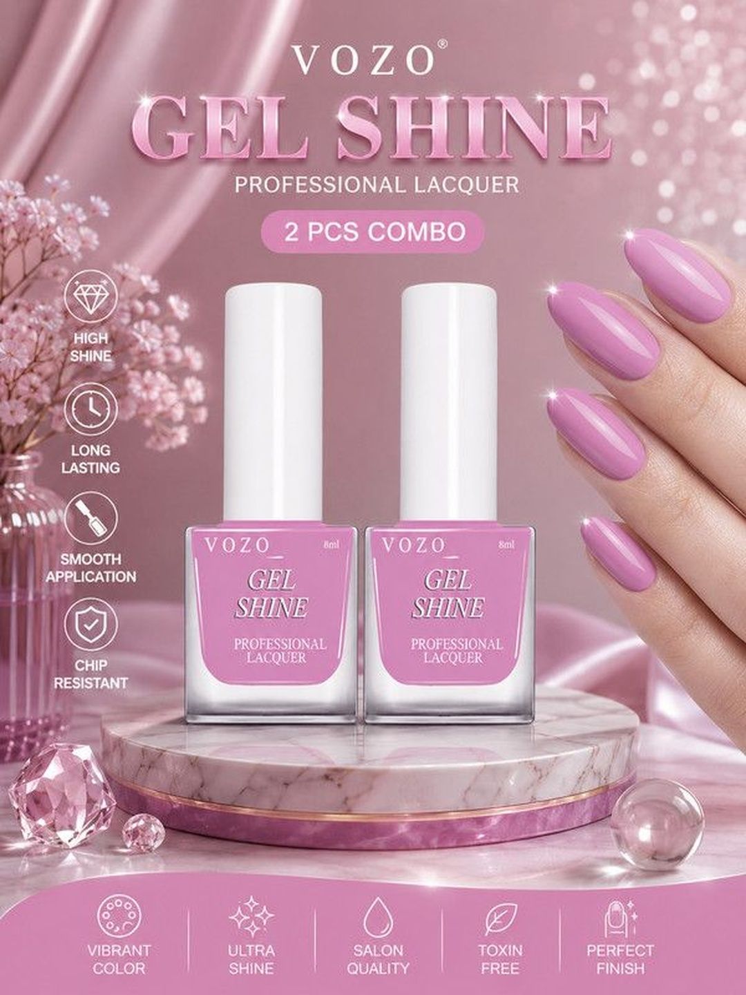 VOZO Set Of 2 Long Lasting Gel Shine Nail Lacquer - 8 ml Each -Soft Magenta 03-picture-28