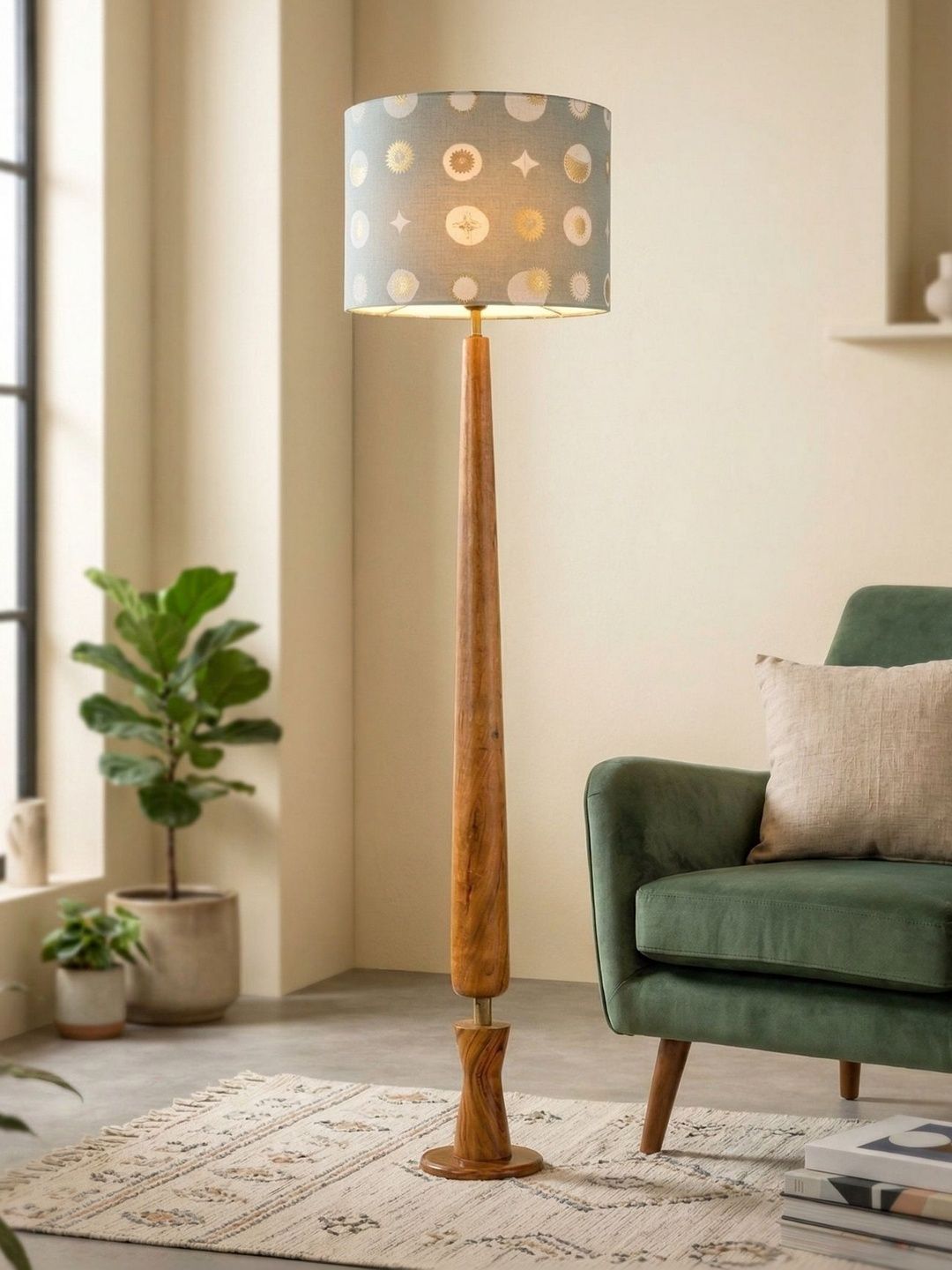 FREEDOM TREE Balance Sculptural Minimal Wooden Floor Lamp with Printed Gold & Grey Shade-image-44
