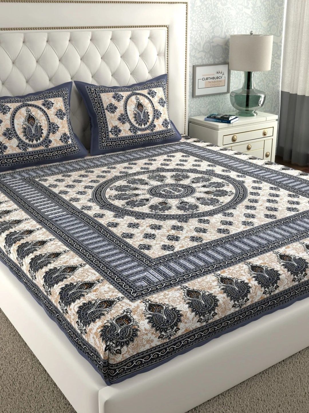 CLOTHOLOGY White & Beige Ethnic Motifs 104 TC King Bedsheet with 2 Pillow Covers-picture-39