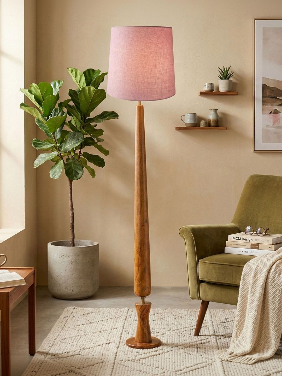 FREEDOM TREE Balance Sculptural Minimal Wooden Floor Lamp with Blush Pink Shade-image-49