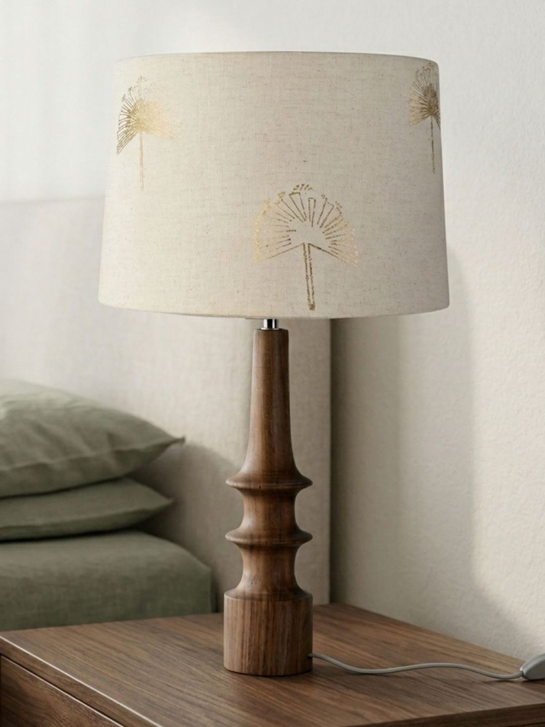 FREEDOM TREE Turned Wood Table Lamp with Printed White Gold Medium Drum Shade-picture-19