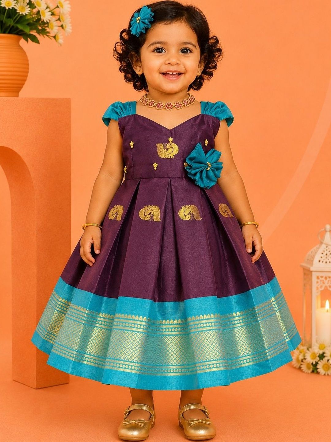Babypattu Girls Embroidered Sweetheart Neck Fit & Flare Dress-picture-11