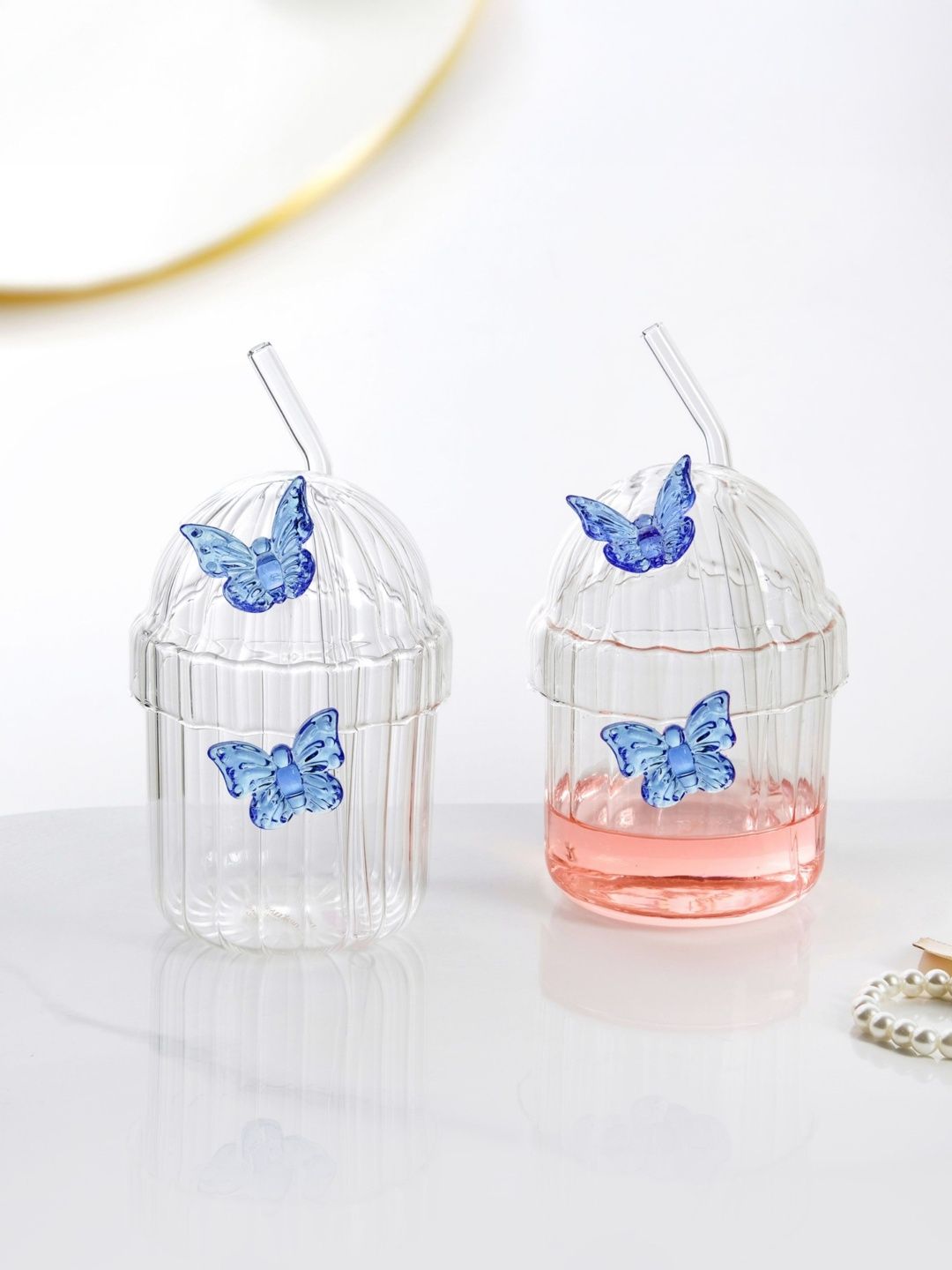 Nestasia Transparent & Blue Textured Glass Glossy 2Pcs Tumblers - 450 ml Each-image-13