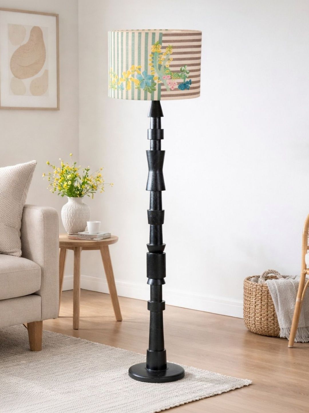 FREEDOM TREE Roz Chancoal Wooden Floor Lamp with Printed Multicolor Shade-picture-14