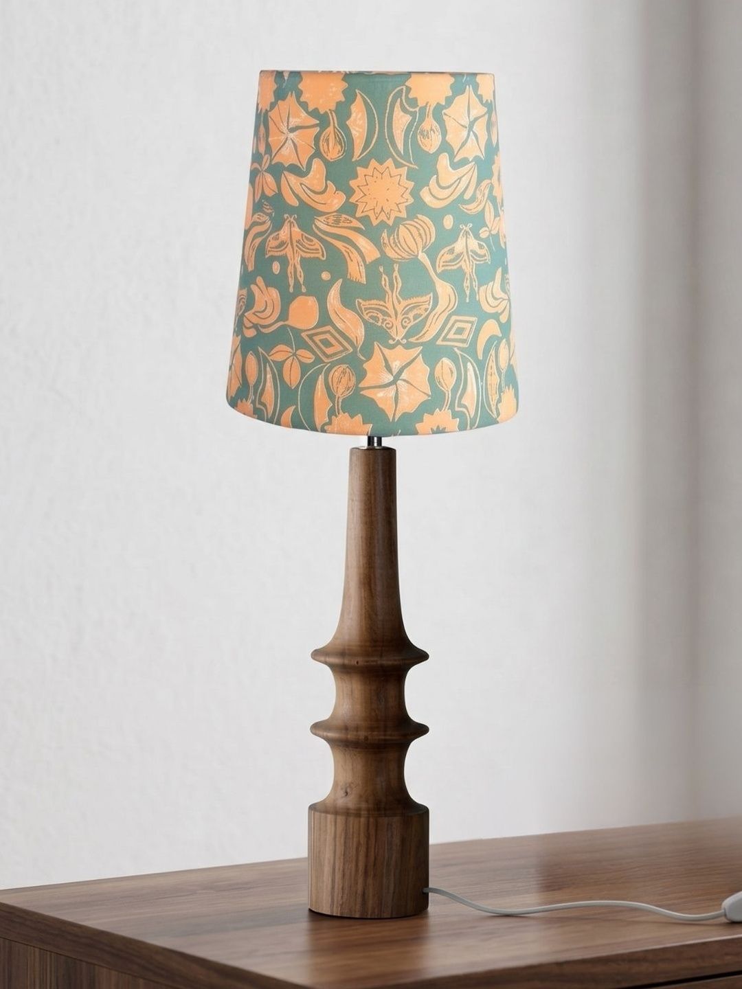 FREEDOM TREE Turned Wood Table Lamp with Printed Blue Orange Small Taper Shade-picture-20