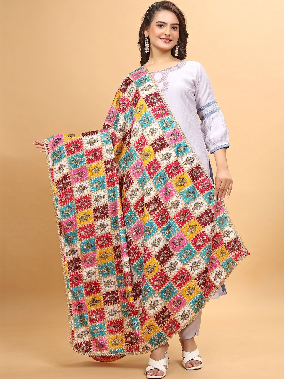 KALINI Ethnic Motifs Embroidered Art Silk Foil Print Dupatta with Phulkari-picture-36