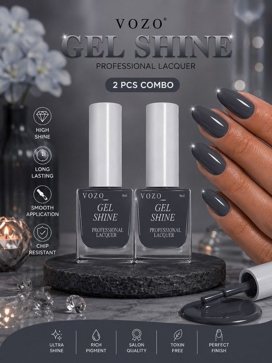 VOZO Set Of 2 Long Lasting Gel Shine Nail Lacquer - 8 ml Each - Grey 41-picture-40