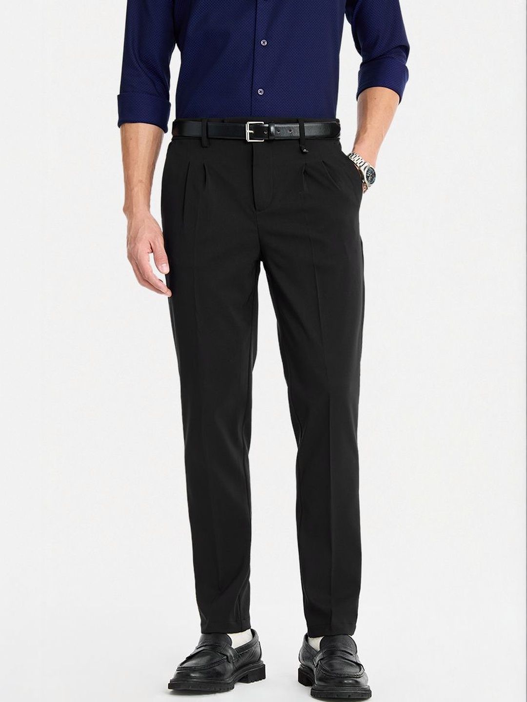 Snitch Men Slim Fit Wrinkle Free Pleated Trousers-picture-32