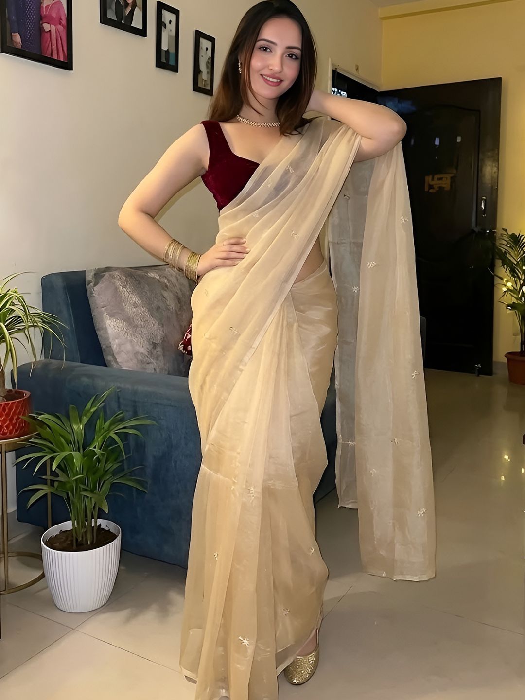 VRAGI Floral Embroidered Satin Saree-picture-21