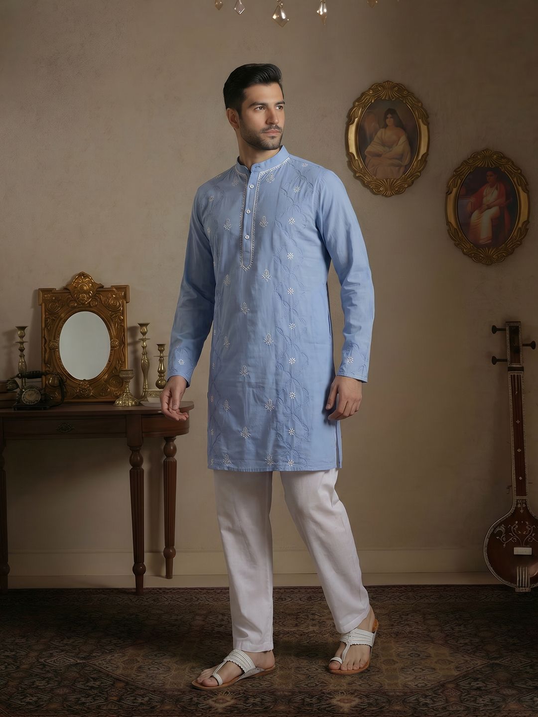 House of Pataudi Ethnic Motifs Embroidered Regular Chikankari Kurta with Pyjamas-picture-20