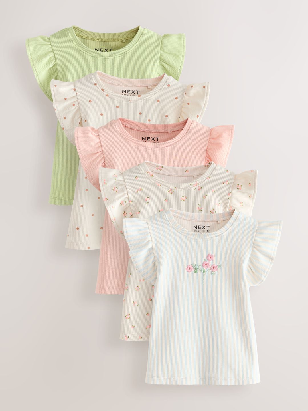 NEXT Girls Pack of 5 Floral Print Flutter Sleeve Cotton Top-picture-16