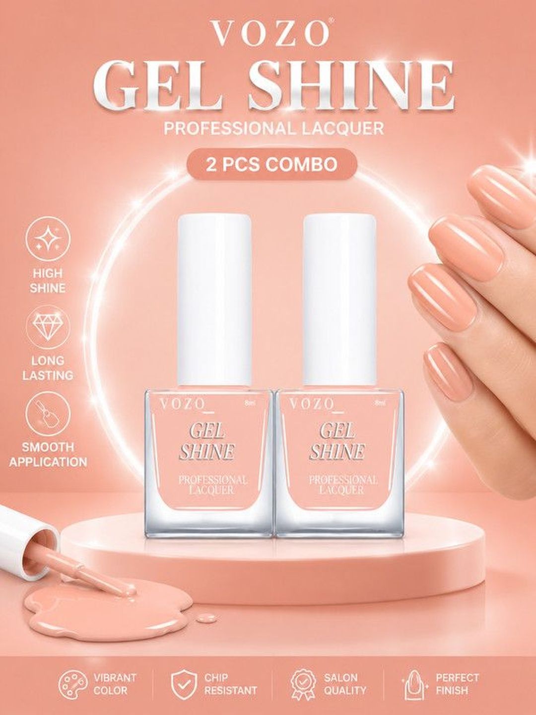 VOZO Set Of 2 Long Lasting Gel Shine Nail Lacquer - 8 ml Each - Light Peach 05-picture-47