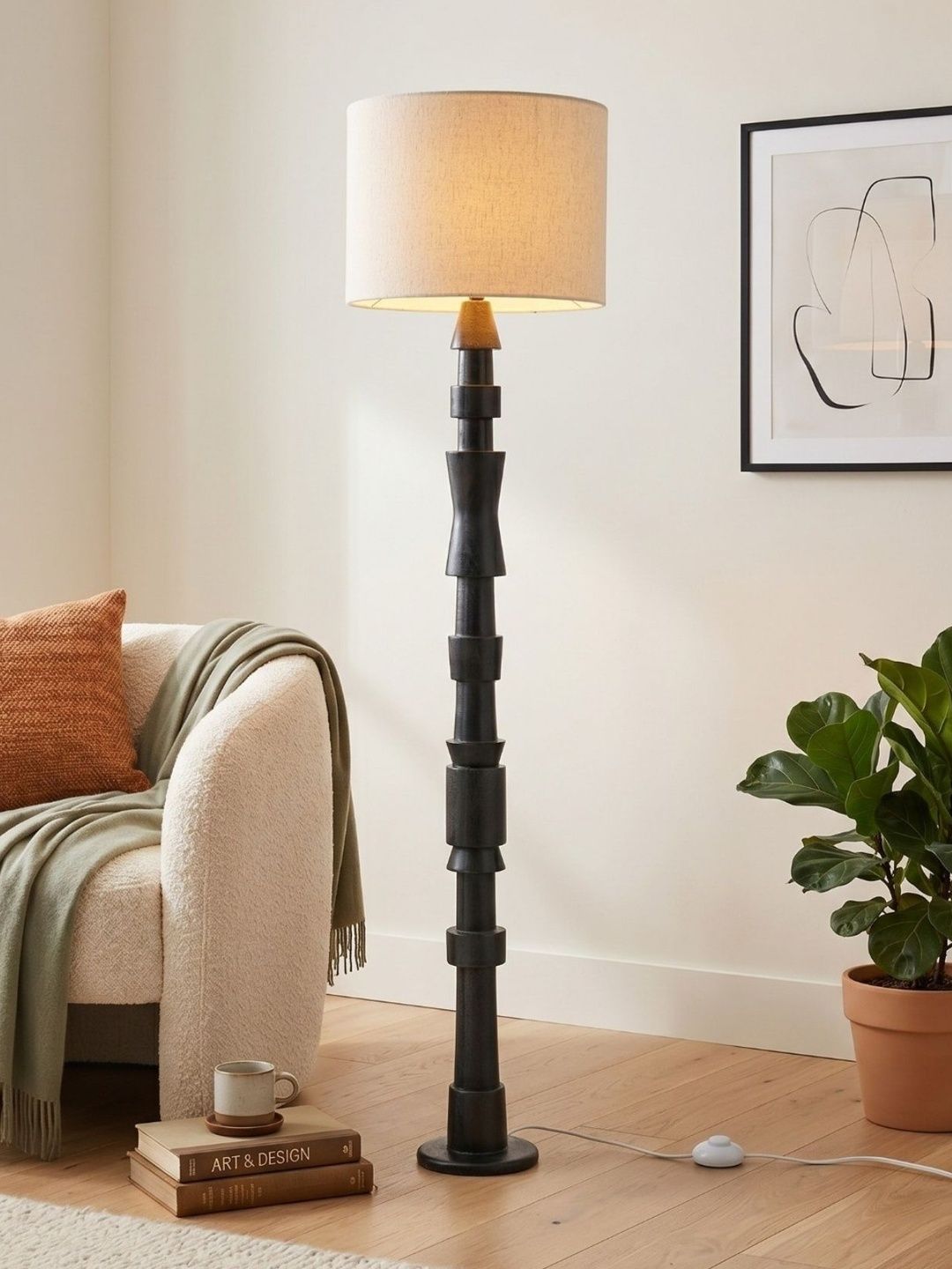 FREEDOM TREE Roz Chancoal Wooden Floor Lamp with Textured Off White Shade-image-6