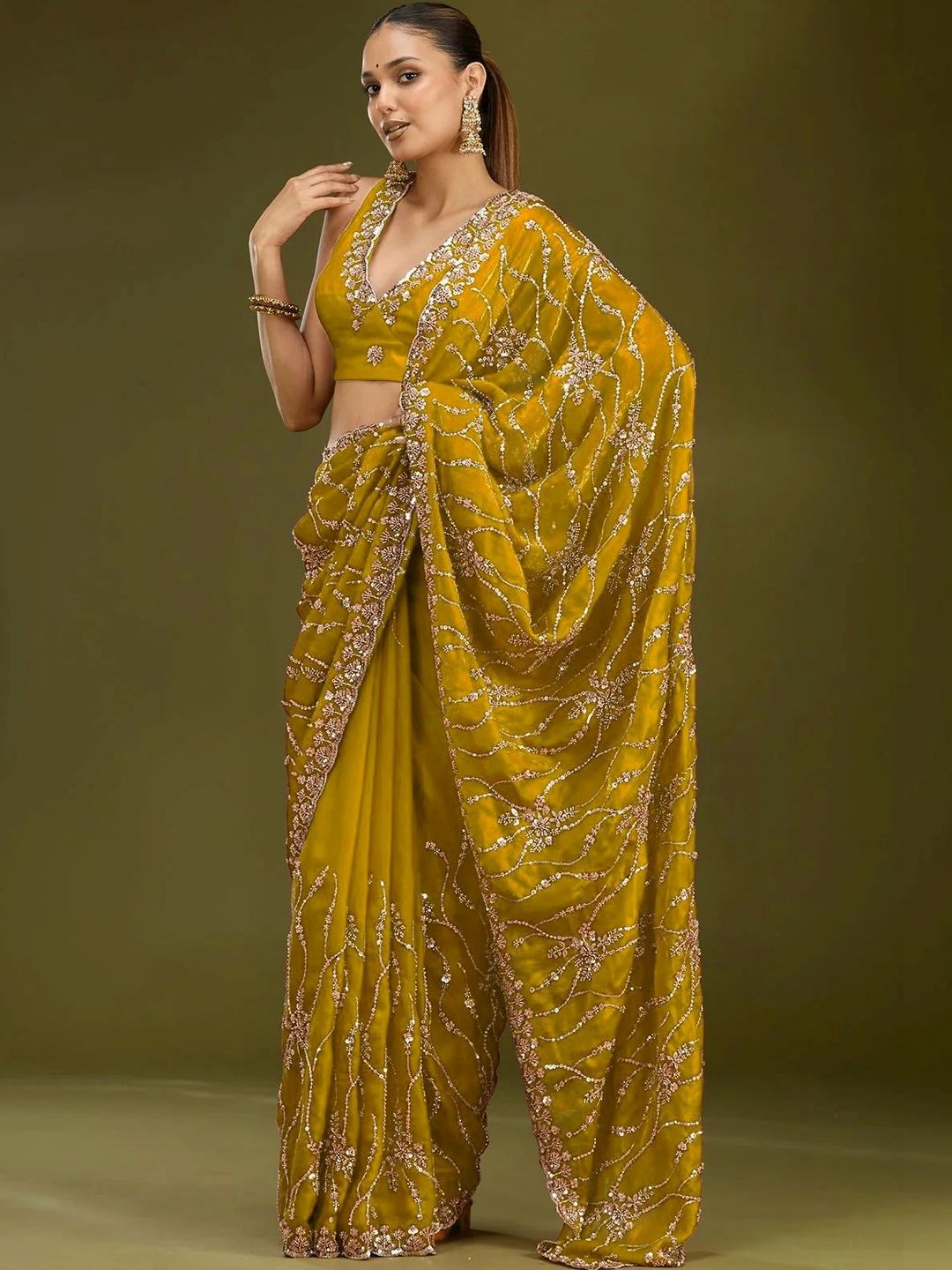 Riddhi Textile Hub Embellished Sequinned Satin Heavy Work Leheriya Saree-picture-13