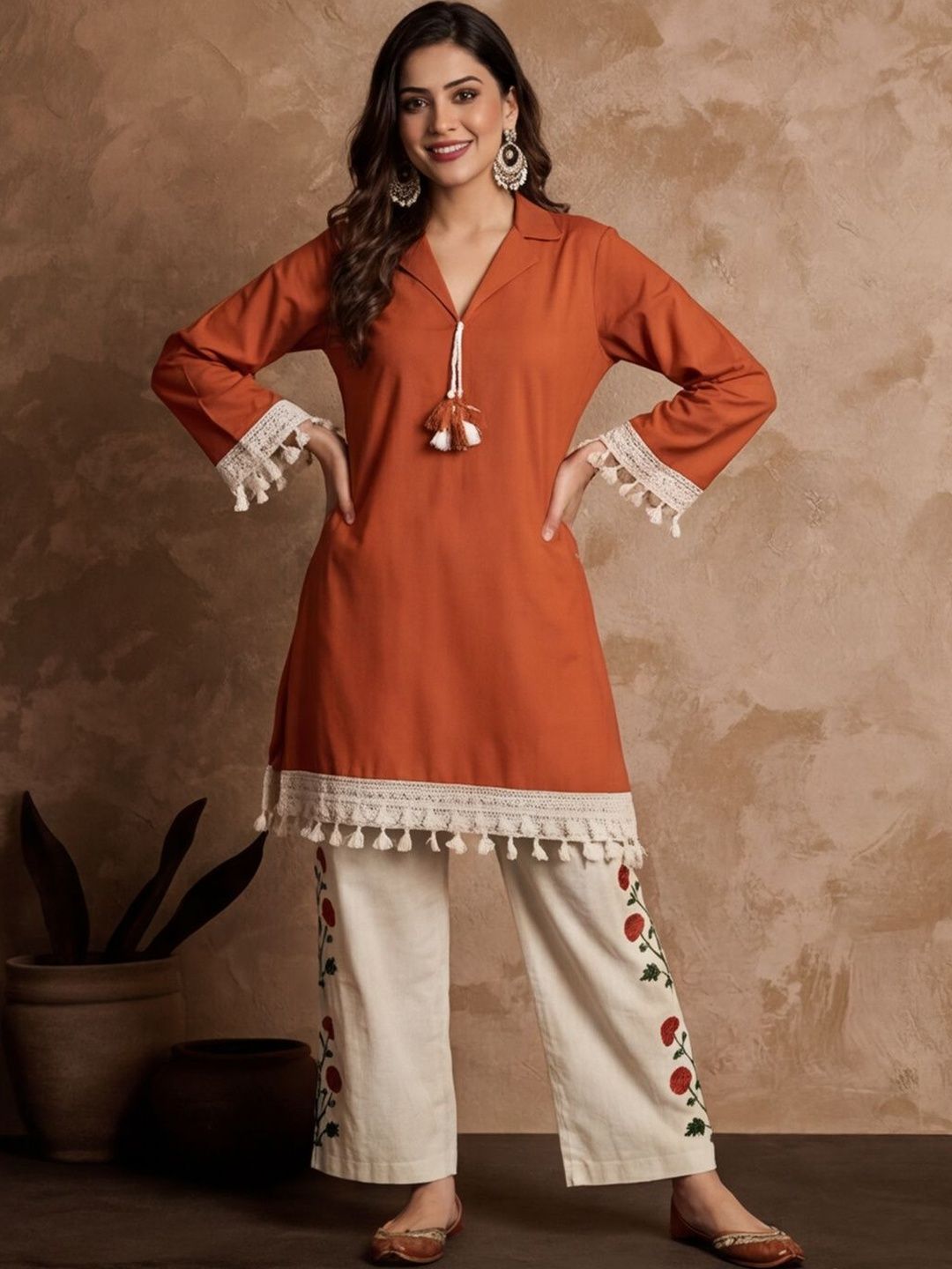 Anouk Women Floral Regular Thread Work Pure Cotton Kurti with Trousers-picture-10