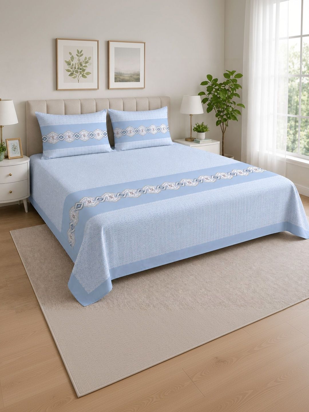 INDRA'S Blue Geometric 160 TC King Bedsheet with 2 Pillow Covers-picture-53