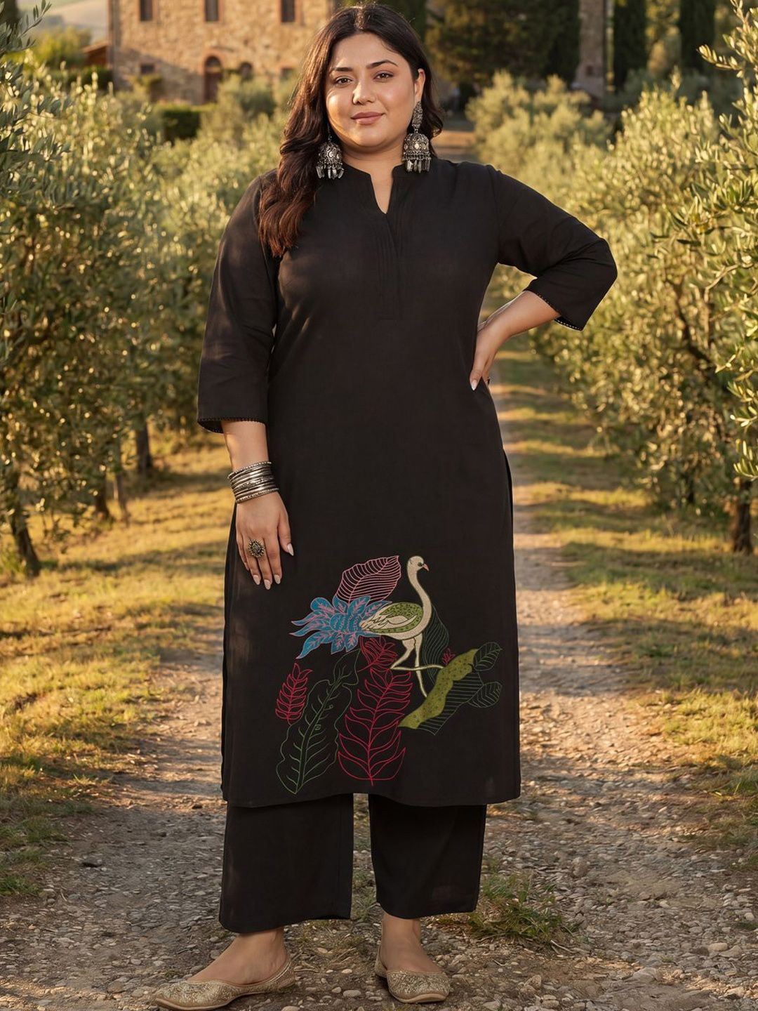 Indo Era Plus Size Black Embroidered A-Line Kurta Palazzos Set-picture-15