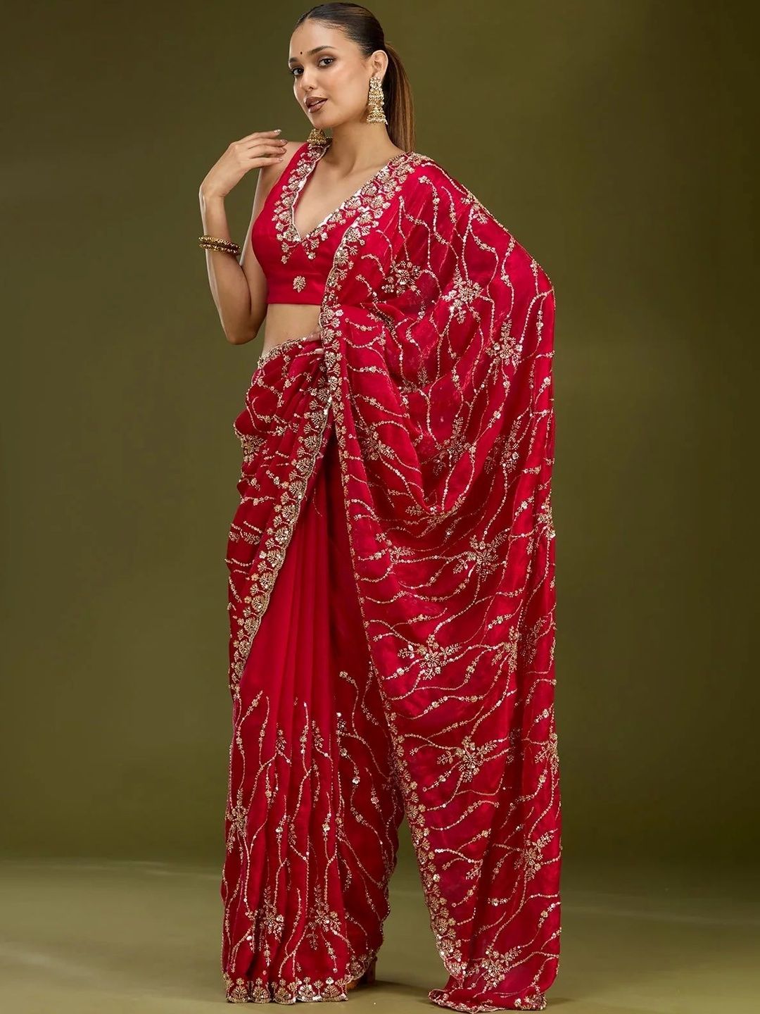 Riddhi Textile Hub Embellished Sequinned Satin Heavy Work Leheriya Saree-picture-54