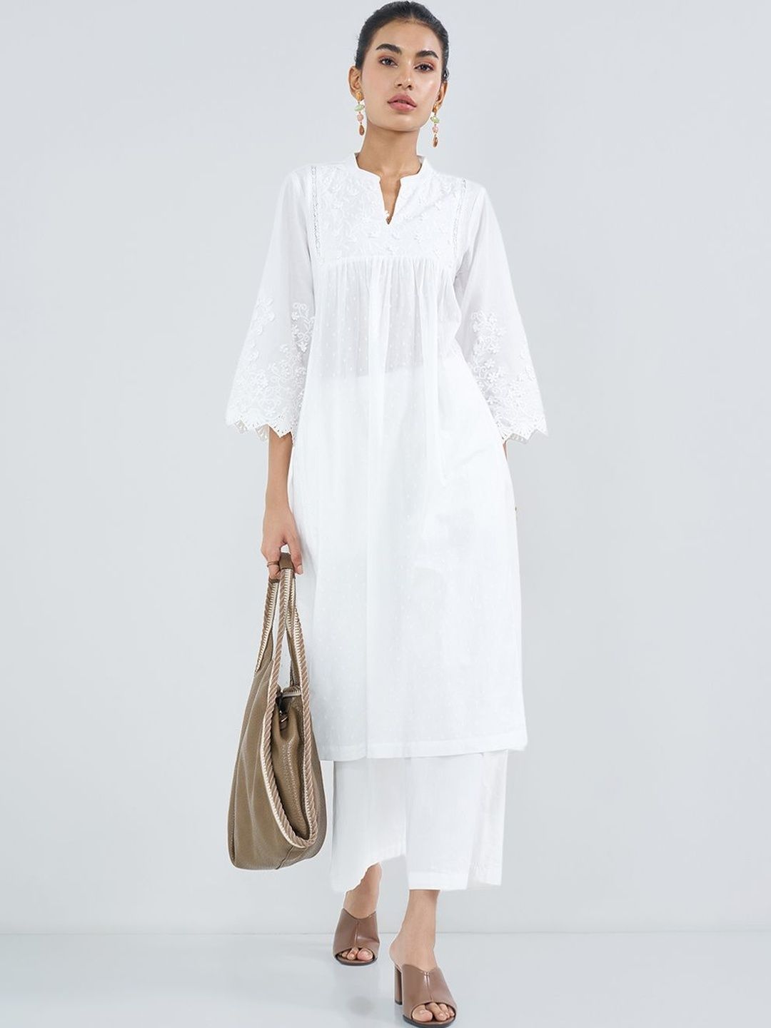 RANGMANCH BY PANTALOONS Women Embroidered Thread Work White Romance Kurta-picture-10