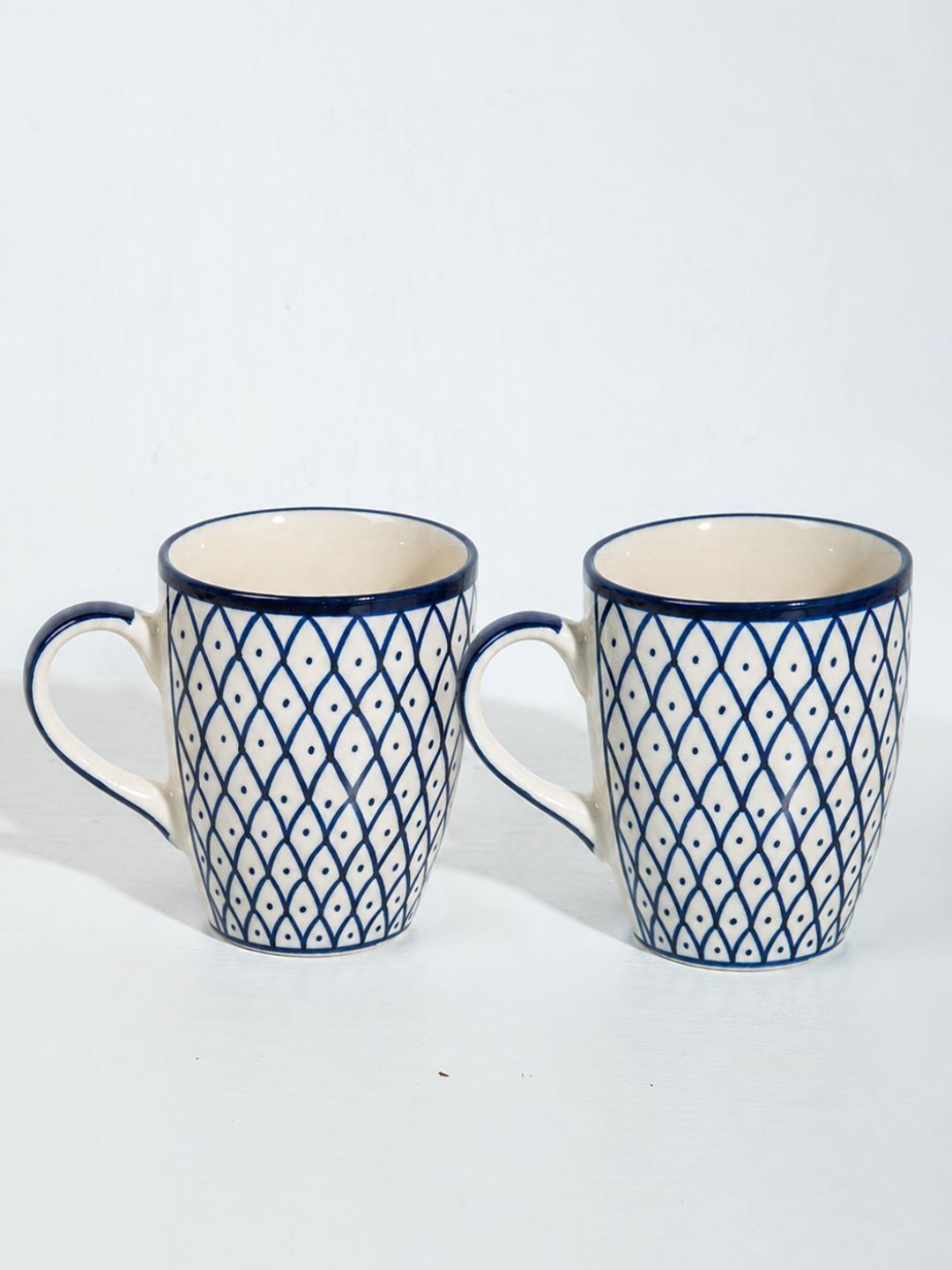 ARAVALII White & Blue Geometric Printed Ceramic Glossy Cups Set of Cups and Mugs-image-5