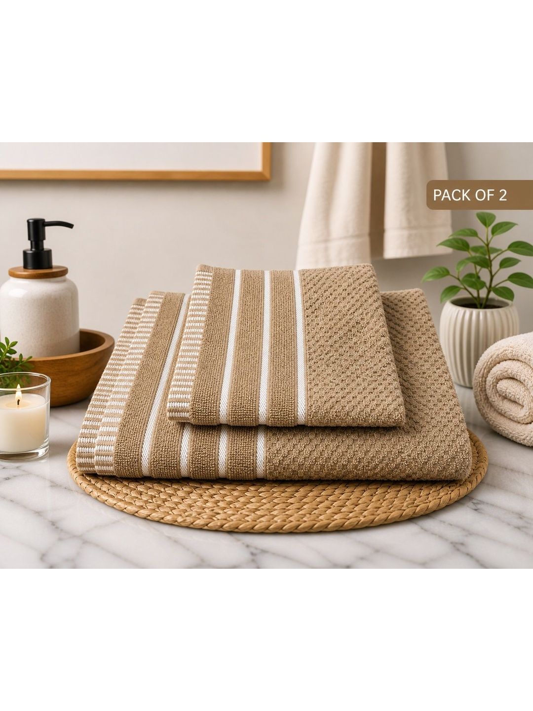 Satisfyn Beige & Beige 2 Striped Cotton 450 GSM Bath Towel-image-30