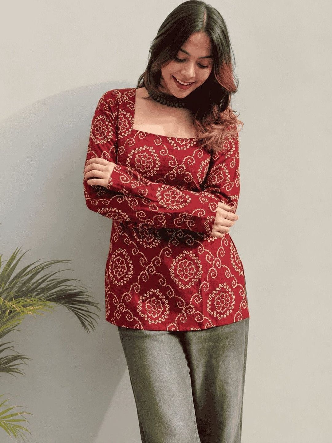 HERE&NOW Ethnic Motifs Printed Square Neck Kurti-picture-13