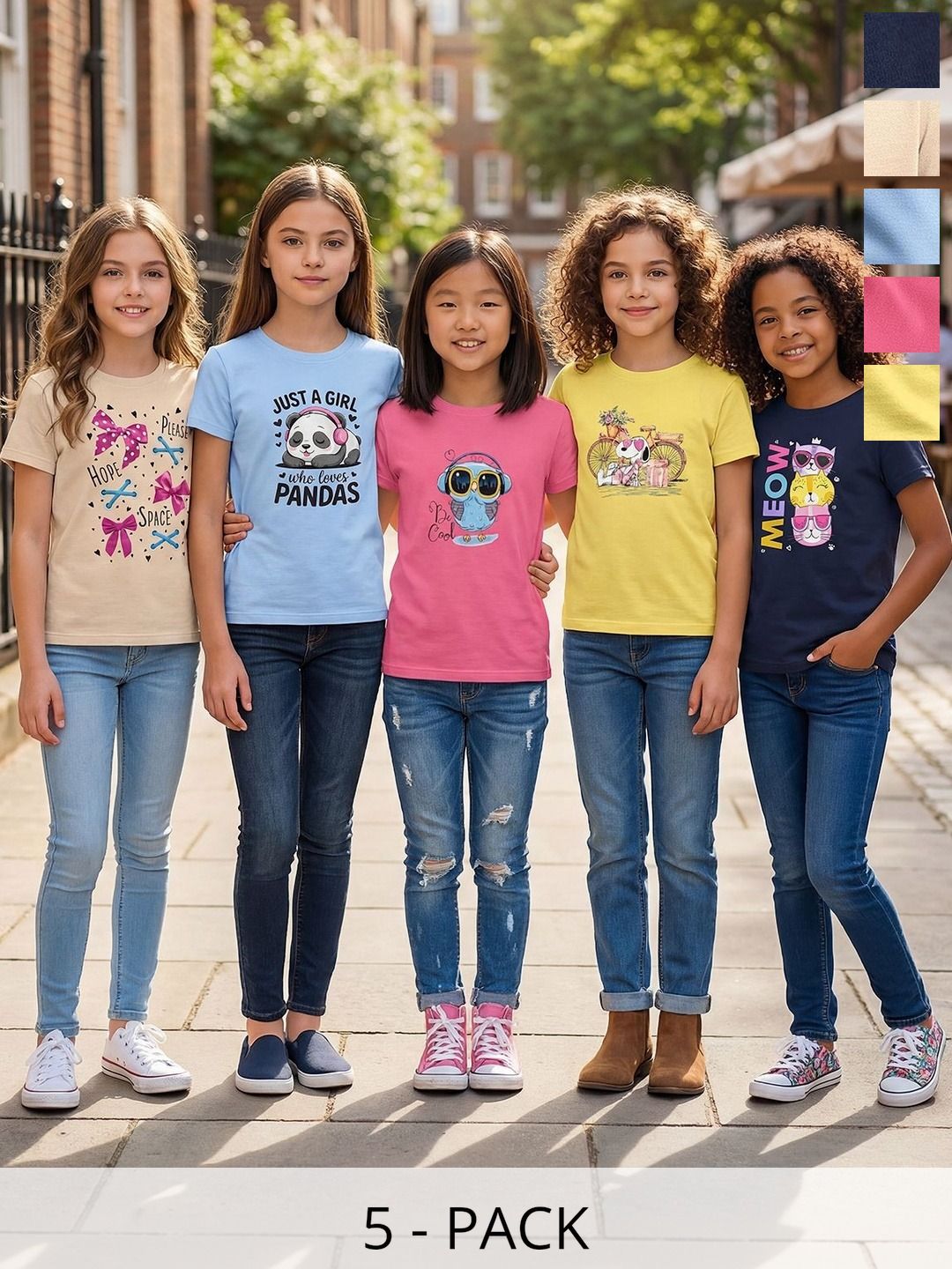 HELLCAT Girls Pack Of 5 Printed Round Neck Tshirts-image-21