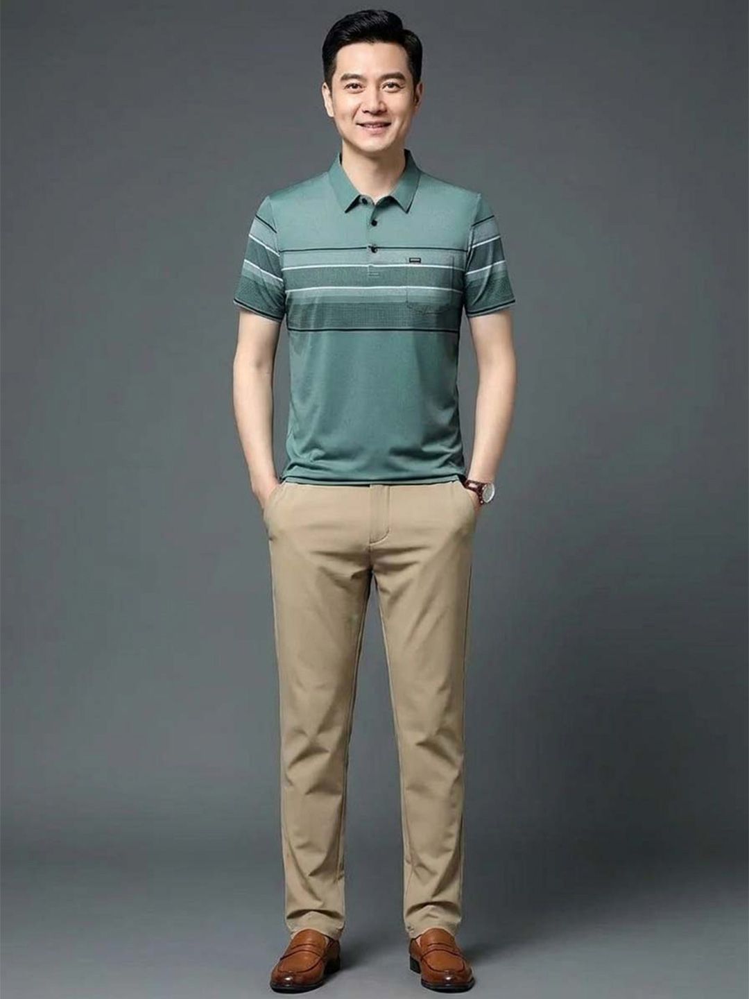 Moda Rapido Men Striped Polo Collar Pockets T-shirt-picture-27